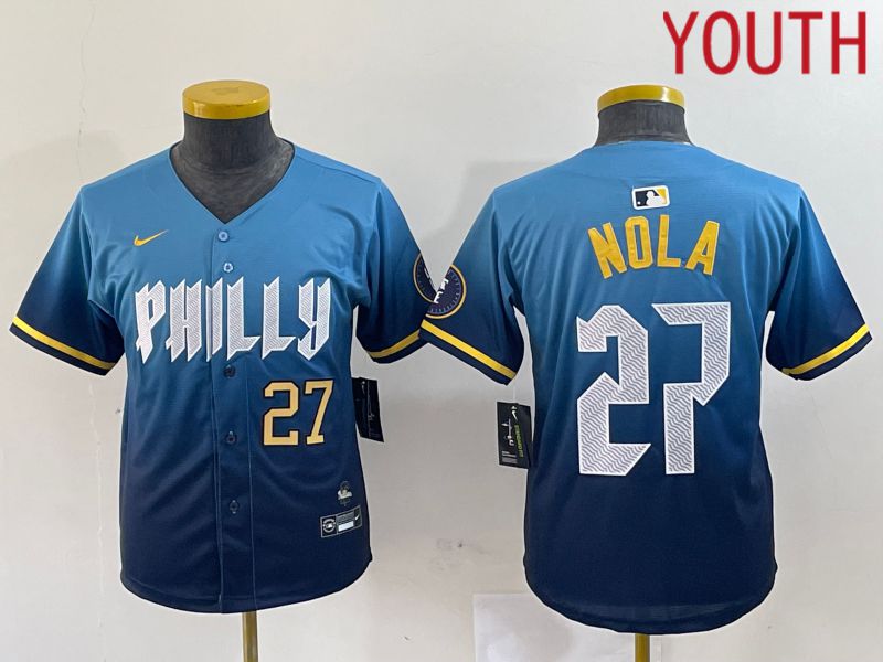 Youth Philadelphia Phillies 27 Nola Blue City Edition Nike 2024 MLB Jersey style 1